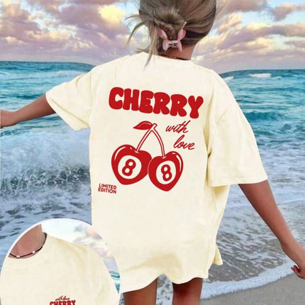 Cherry and number 8 letter print round neck T-shirt Girls summer casual all-match T-shirt breathable short-sleeved top