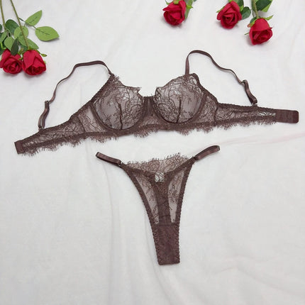 Women's Brown Eyelash Lace Lingerie Set Soft Underwire Sheer Bra with Adjustable Straps Hollow out Thong 2Pcs Romantic Intimates