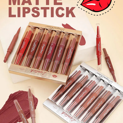 Six Double-Ended Lipstick Set, Velvet Matte Matte Lipstick, Lip Gloss, Easy to Color, Non-Fading, Non-Stick Lipstick Set