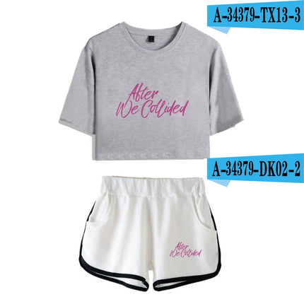 Youthful Black White After We Collided Girl Dew navel Two Piece Set Sexy Short Sleeve Crop T-shirts+Shorts Pants Tracksuit