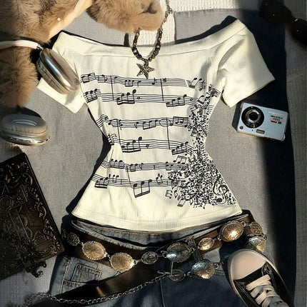 Women's Retro Off-Shoulder Long-Sleeved Slim-Fit T-Shirt, Adorned With Musical Note Print, Fashionable, Y2K Retro Style, High-Qu