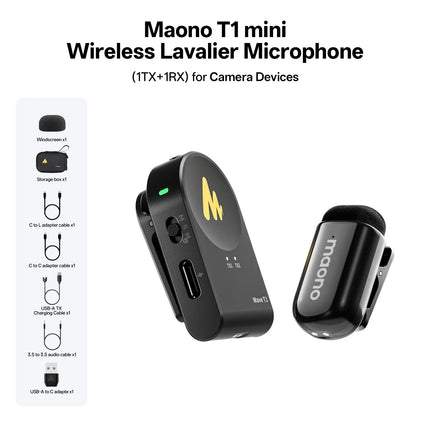 maono Wave T1 mini Wireless Lavalier Microphone Mini Lapel Mic for iPhone Android PC AI Noise Cancellation for Video Recording
