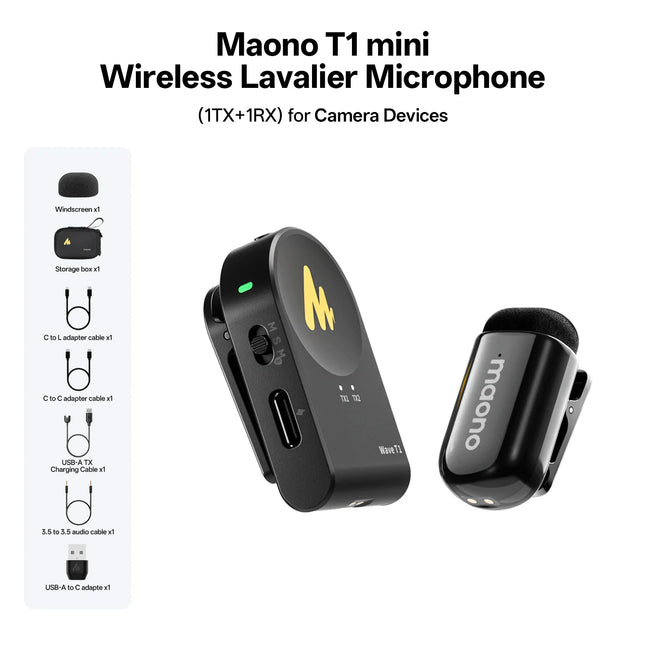 maono Wave T1 mini Wireless Lavalier Microphone Mini Lapel Mic for iPhone Android PC AI Noise Cancellation for Video Recording