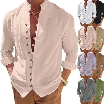 Men's Cotton Linen Shirt Men's Casual Loose Fit Long Sleeve Vintage Retro Button Down Shirt Hawaiian Beach Shirt