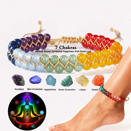 7 Chakras Natural Stone Anklet For Women Symbolize Happiness And Good Luck Crystal Braided Rope Ankle Bracelet Summer Jewelry