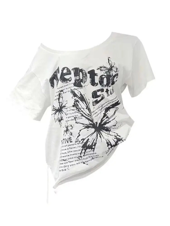 White Y2k Vintage Oversize Off shoulder Short sleeve T shirt With Print Women Casual Graphic Summer Top Butterfly Tees