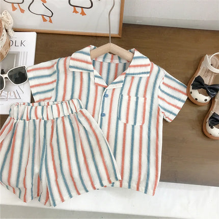 Summer Toddler Siblings Attire Turn Down Collar Top Striped Shorts Infant Boy Suit Loose Sleeveless Retro Dress Baby Girl Outfit