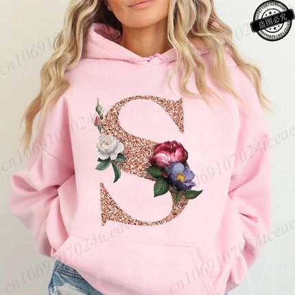 Rose Gold Letter A~Z Printed Women's Sweatshirts Hoodie Fashion Women Hooded Hoodies Casual Harajuku Streetwear Pink Clothing