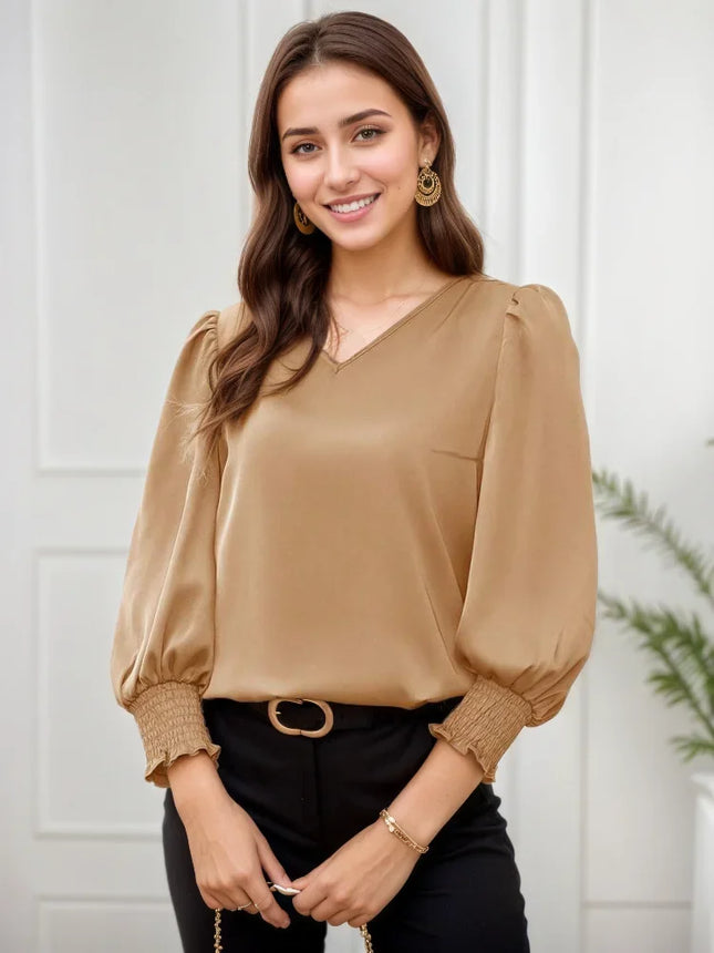 Plus Size 1XL-5XL Stylish Tops Women Summer Spring V Neck Work Blouse Tunic Elegant Work Tops Casual Solid Color Holiday Blusas