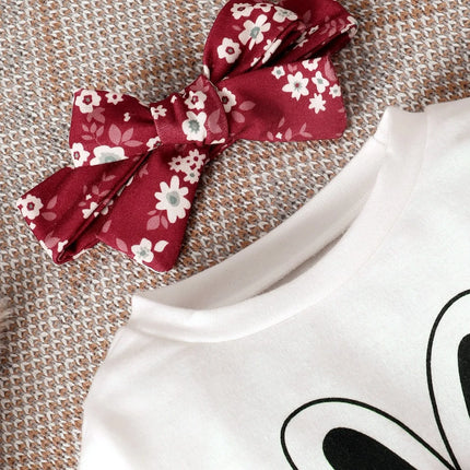 Spring And Autumn Baby Girl Rabbit Print Bow Front Pullover & Floral Print Pants & Headband