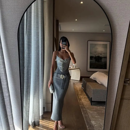 Elegant Sequin Patchwork Sling Top Lady Sleeveless Off-shoulder Waist Cinching Slim Short Blouse 2026 New Women Club Street Tops