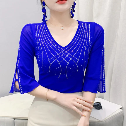 2025 Spring Summer Mesh Tops Korean Fashion Diamond T Shirt Slim 3/4 Sleeve Hollow Out Casual Women Shirt