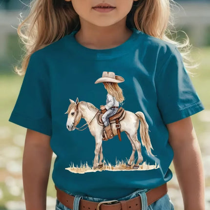 Girl Clothes Cow Girl Riding Horse 3D Print T-Shirt Western Festival Casual Top Summer Short Sleeve Outdoor Children's Clothing
