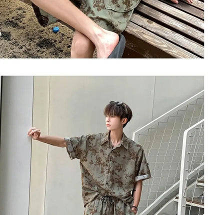 Loose Straight Leg Five-Quarter Beach Pants or Short Sleeve Printed Shirt Beach Travel Men's Fashion Floral Patterned Two-Piece Set