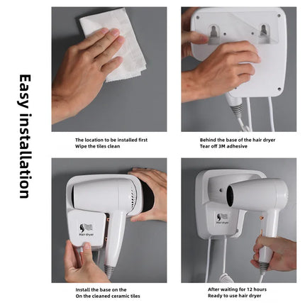 Non-Perforated Wall-Mounted Hair Dryer, 1300W High-Power, Fast Drying, Negative Ion, for Hotel, Guesthouse, and Home Bathroom