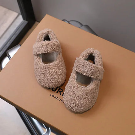 Children Fur Shoes 2024 Winter Kids Warm Plush Shoes For Girl Flat Loafers Moccasins Girls Casual Shoes Khaki, Beige