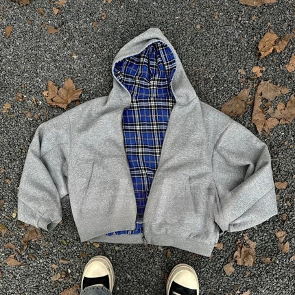 American Double-Sided Plaid Loose Zipper Hoodie Men Y2K New Harajuku Hip-Hop Gothic Couple Casual Joker Sweatshirt Streetwear