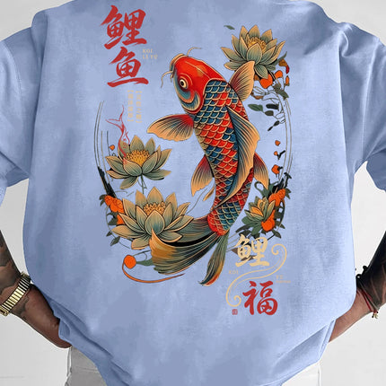 New Men's Koi Fish Fortune T-Shirt Japanese Lotus Print Streetwear Crew Neck Short Sleeve Polyester Tops S-XXL