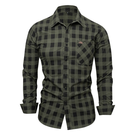 2025 Autumn New Fashion Men's 100% Cotton Plaid Shirt Tops Casual Button Down Long Sleeve Letter Embroidery Shirts with Pocket
