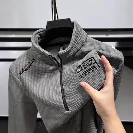 Trendy Long Sleeve Polo Shirt Men's Loose Fit Patchwork Color Embroidered Letter American Retro Half Zip Sweatshirt