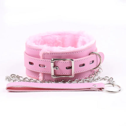 Faux Leather Plush Neck Choker Furry Collar with Metal Chain Drag Leash Lockable Harness BDSM Bondage Restraints  Sex Toys