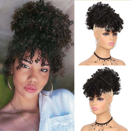 Synthetic Afro Puff Drawstring Ponytail with Bangs Pineapple Updo Hair for Black Women, Short Kinky Curly Ponytail Bun