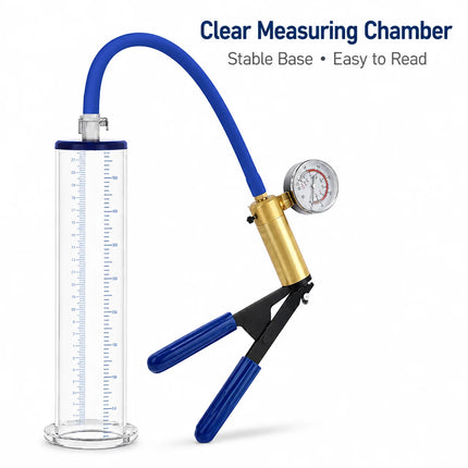 Sex Toys Vacuum Pump Trainer with Clear Acrylic Measuring Cylinder Blue Hose Metal Pressure Gauge and Manual Air Control Handle