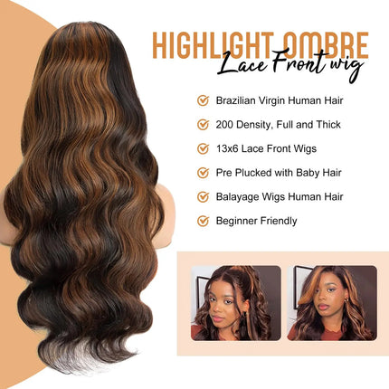 13x6 Lace Frontal Human Hair Wigs 1B/30 Highlight Ombre Black Brown Colored Preplucked 30Inch Body Wave Lace Front Wig For Women