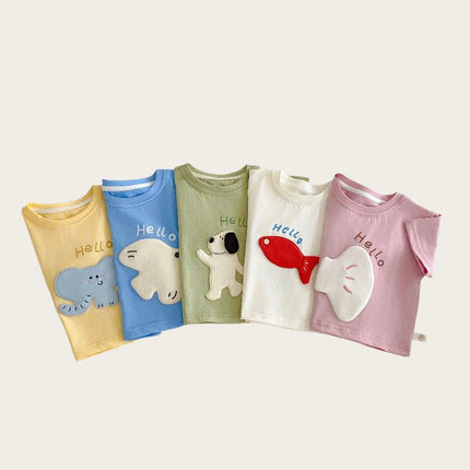 2026 New Summer Kids Clothes Cute Cartoon Patch Short Sleeve T-shirt 0-5Y Girls Boys Letter Print Casual Soft Undershirt