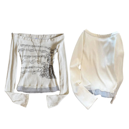 Y2K Aesthetic Fairy Off Shoulder Tops Women Long Sleeve Music Note Print Slim Fitted T-Shirt Ruffle Blouse Clothes