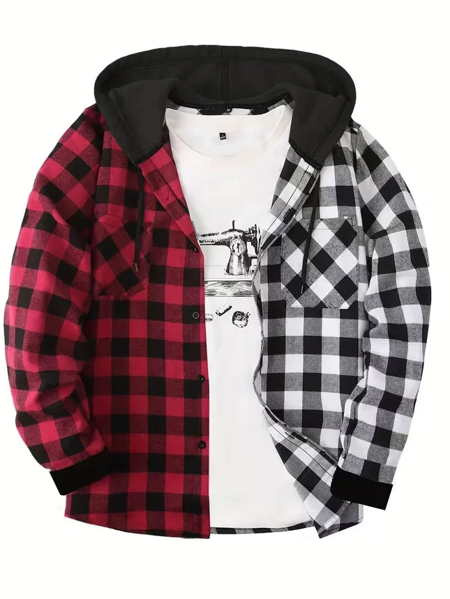 New Men Hooded Plaid Shirt Men Clothes Fashion Big Pocket Design Spring Autumn Long Sleeve Casual Shirt Tops