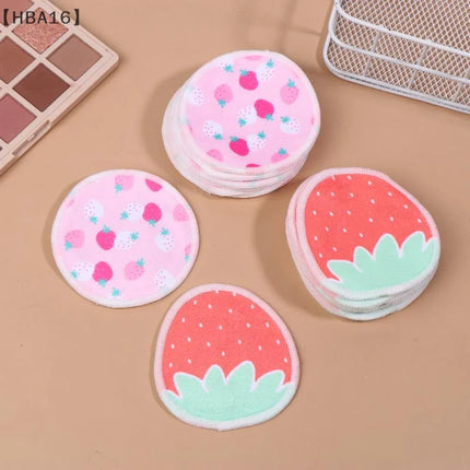 〔HBA16〕 10 Pcs Makeup Remover Pads Washable Double-Layer Strawberry Print Cleaning Cotton Reusable Facial Make Up Removal Pads