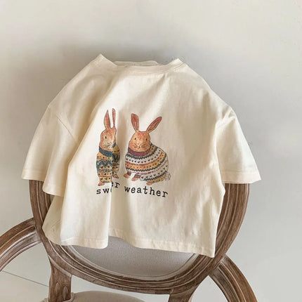 2025 Summer Kids Clothes Children Short Sleeve Korean Style Rabbit Flower Print T-Shirt Baby Girls Half Sleeve Round Neck Tops