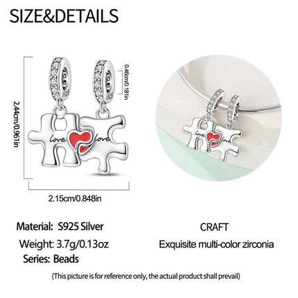 Original 925 Sterling Silver Charms Bead Inlaid Zirconium Jigsaw Puzzle Pendants Gift Fit Bracelet Jewelry DIY Marking
