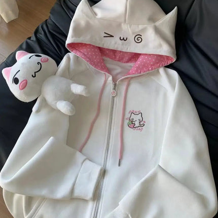 Ropa Cute Hoodies Coats Cartoon Cute Cat Ear Print Hooded Sweatshirts Y2K Tops Women Clothing Casual Zipper Loose New Hoodie