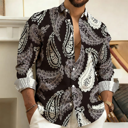 2026 New Men's Long-Sleeved Shirt with Paisley Cashew Pattern Print, Vintage, Comfortable, and Stylish Casual Men's Lapel Top