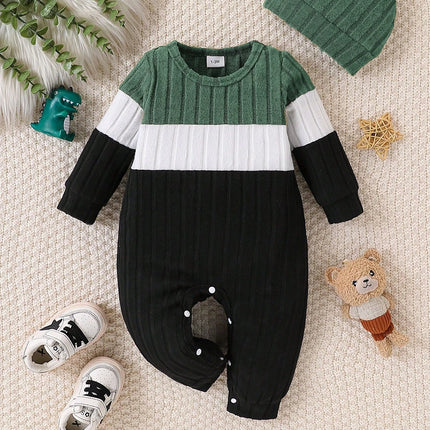 3 Colours Autumn Bodysuits Newborn Baby Boy Long Sleeve Colour Block Romper+Hat Simple Onesie Jumpsuit for Toddlers 1-18Months