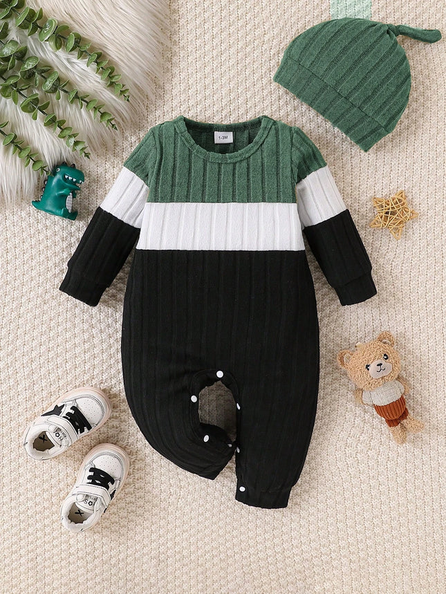 3 Colors Autumn Bodysuits Newborn Baby Boy Long Sleeve Color Block Romper+Hat Simple Onesie Jumpsuit for Toddlers 1-18Months