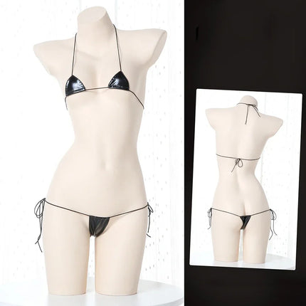New Womens Sexy Lingerie Leather Bikini Bra G-string Wet Look Breathable Halter Lace-up Tight Fitting Uniform Set Ladies Bikini