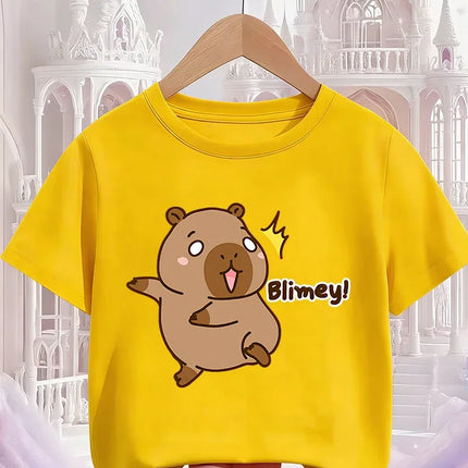 Cute Kawaii Capybara Crew Neck T Shirt Summer 3-14Y Boys Girls Fashion Street Hot Cartoon Casual Children