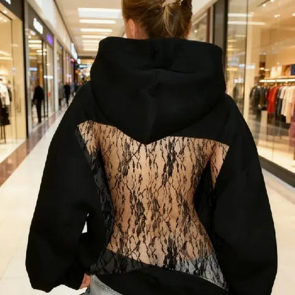Y2K Hot Asweet Sexy Embroidered Floral Mesh Backless Hoodie Womens Black Semi Transparent Oversized Pullover Fashion Casual Tops