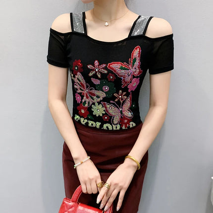 Summer Streetwear Fashion Women's T-shirt Luxury Design Butterfly Hot Diamonds Tee Sexy Off Shoulder Girls Tops European Clothes