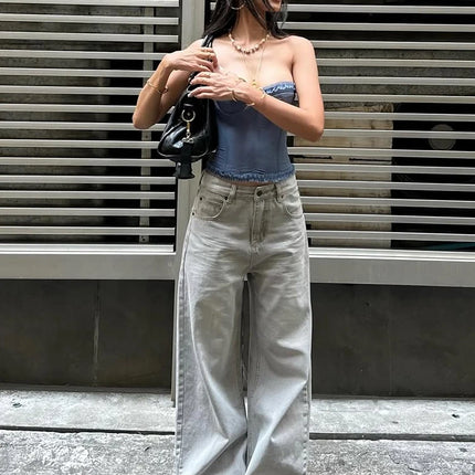 Nibber Folds Sexy Fishbone Strapless Tops Patchwork See Through Skinny Summer Backless Daily Street Versatile Sweet Clothes