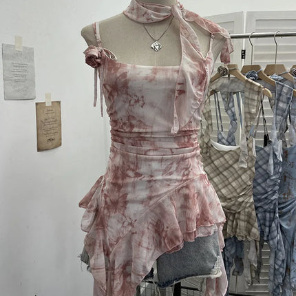 Women's Vintage Tie-dye Printed Mesh Spaghetti Strap Camisole Hot Girl Irregular Ruffled Ribbon Sleeveless Top Partyclub 1185