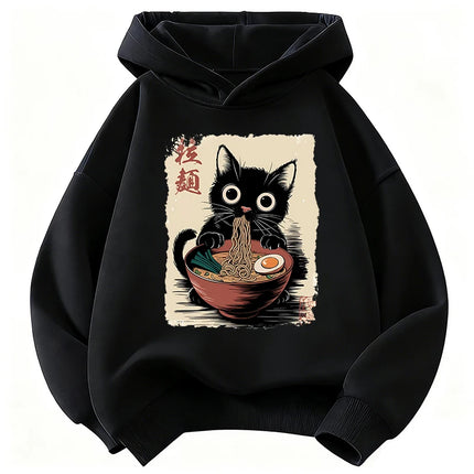 Retro Japanese Ramen Cat Hoodie Manga Kids Cat Children's Sweatshirt Cute Hoody for Boys Girls Autumn Winter Casual Hoodies