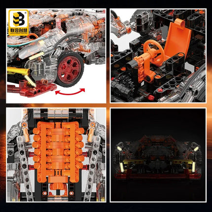 Transparent V12 Block Roadster RC Tech Racer 1:14 DIY Roadster Building Block Assembly Block Car Toy Birthday Gift