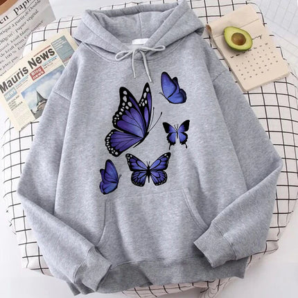 90s Graphic Dark Purple Butterfly Pattern Printed Hoodies Women's Vintage Y2k Sweatshirts Casual Hooded Clothes Kawaii Pullovers