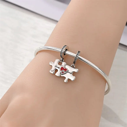 Original 925 Sterling Silver Charms Bead Inlaid Zirconium Jigsaw Puzzle Pendants Gift Fit Bracelet Jewelry DIY Marking