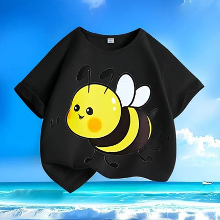 New Fashion Bee Print Kids' Stylish Round Neck Loose Fit, Pure Cotton and Breathable, Summer Trendy Streetwear for Kids