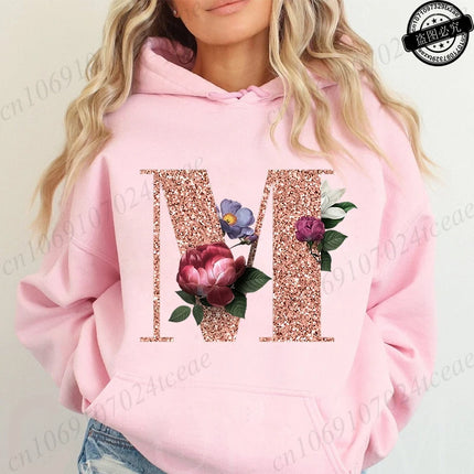Rose Gold Letter A~Z Printed Women's Sweatshirts Hoodie Fashion Women Hooded Hoodies Casual Harajuku Streetwear Pink Clothing